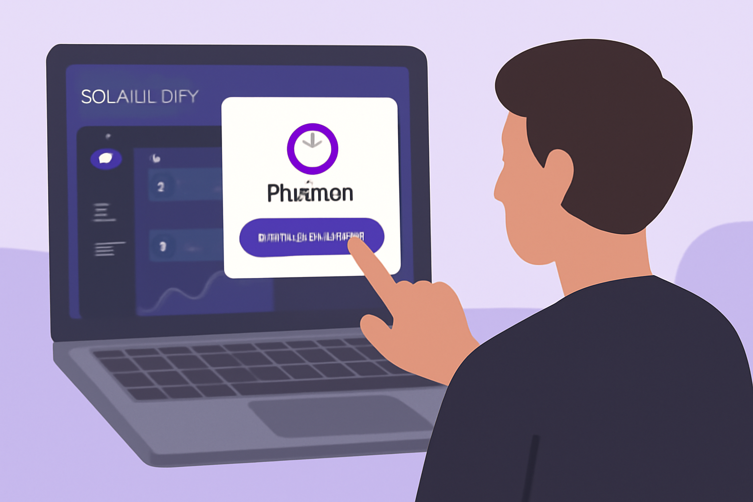 A user connecting their Phantom wallet to a futuristic Solana DEX interface on a laptop screen.