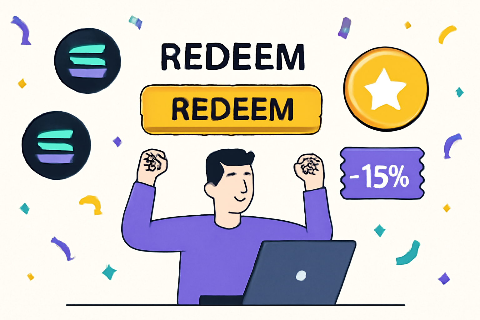 A celebratory screen with a user redeeming points for rewards like tokens and fee discounts, with confetti and Solana logos.