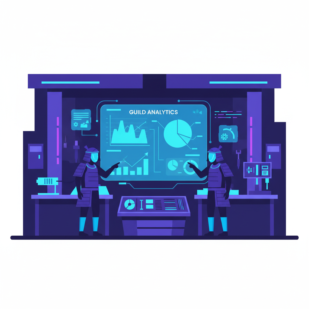 analyzing glowing data charts guild analytics in high-tech Ronin Forge workshop, sci-fi interface