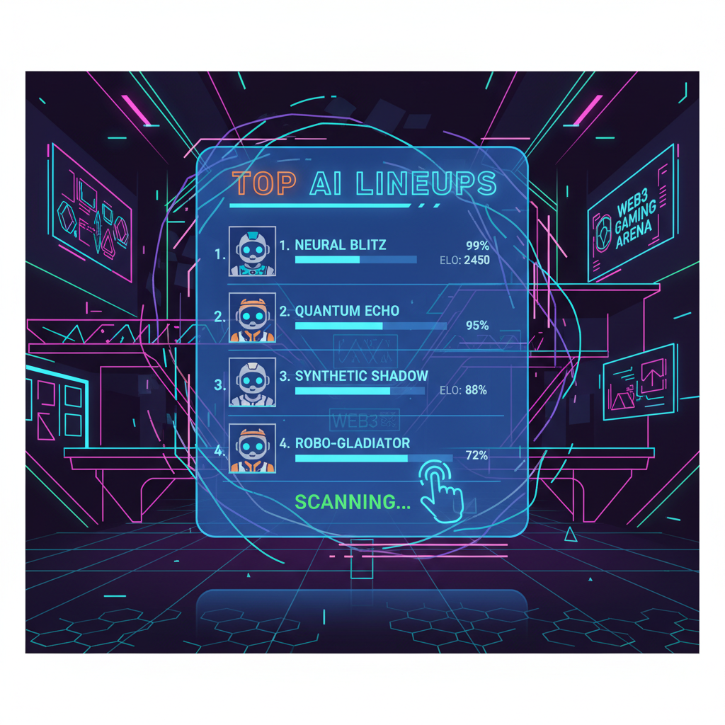 holographic leaderboard scanning top AI lineups in neon-lit cyber arena, futuristic Web3 gaming vibe