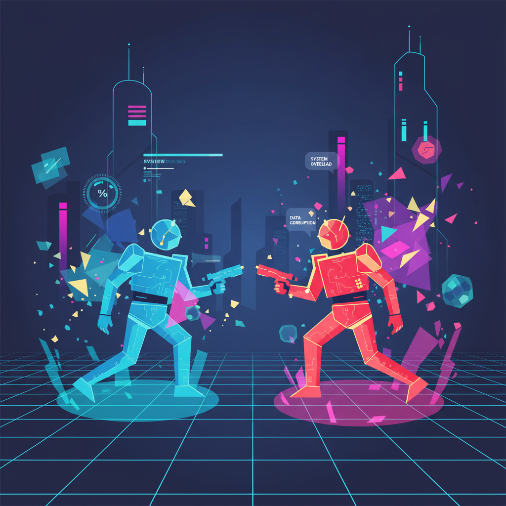 AI agents battling in private virtual lobby arena, holographic simulations exploding, cyberpunk style