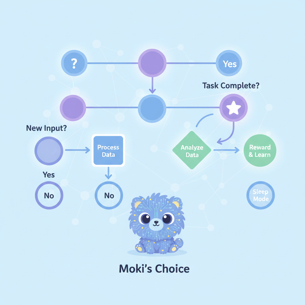 editing branching decision tree flowchart for cute Moki AI character, digital neural network glow