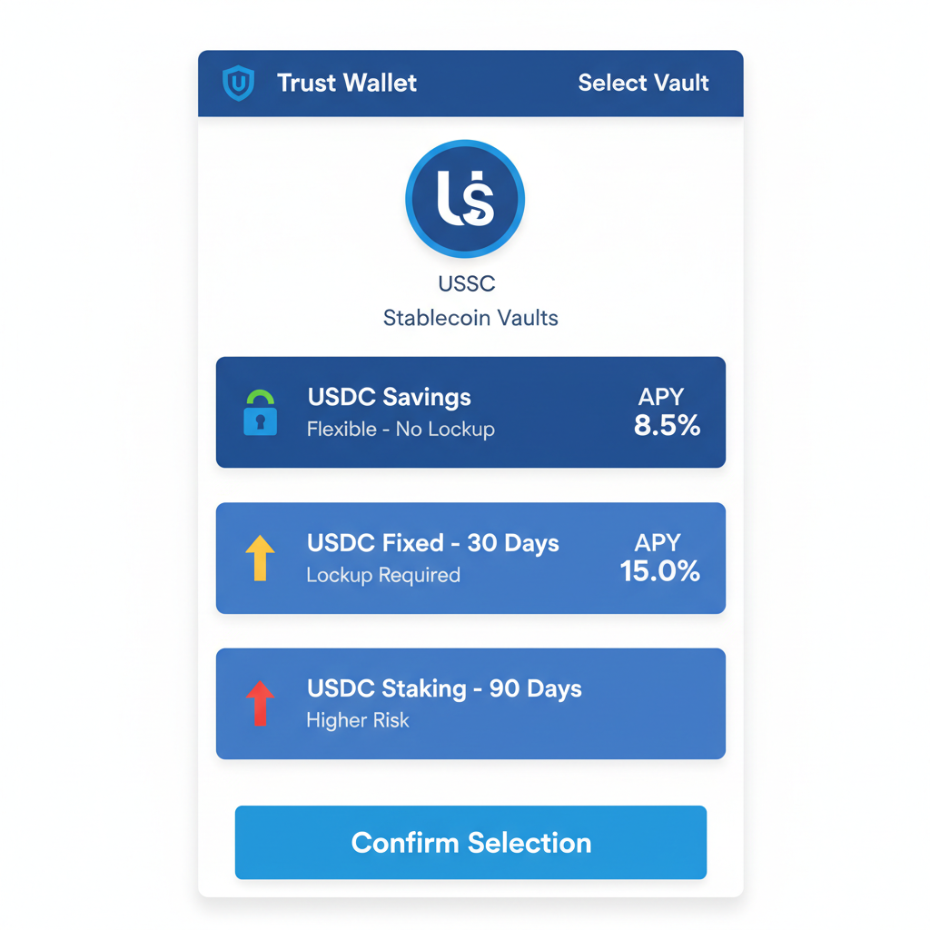 Trust Wallet USDC vault selection with yields displayed