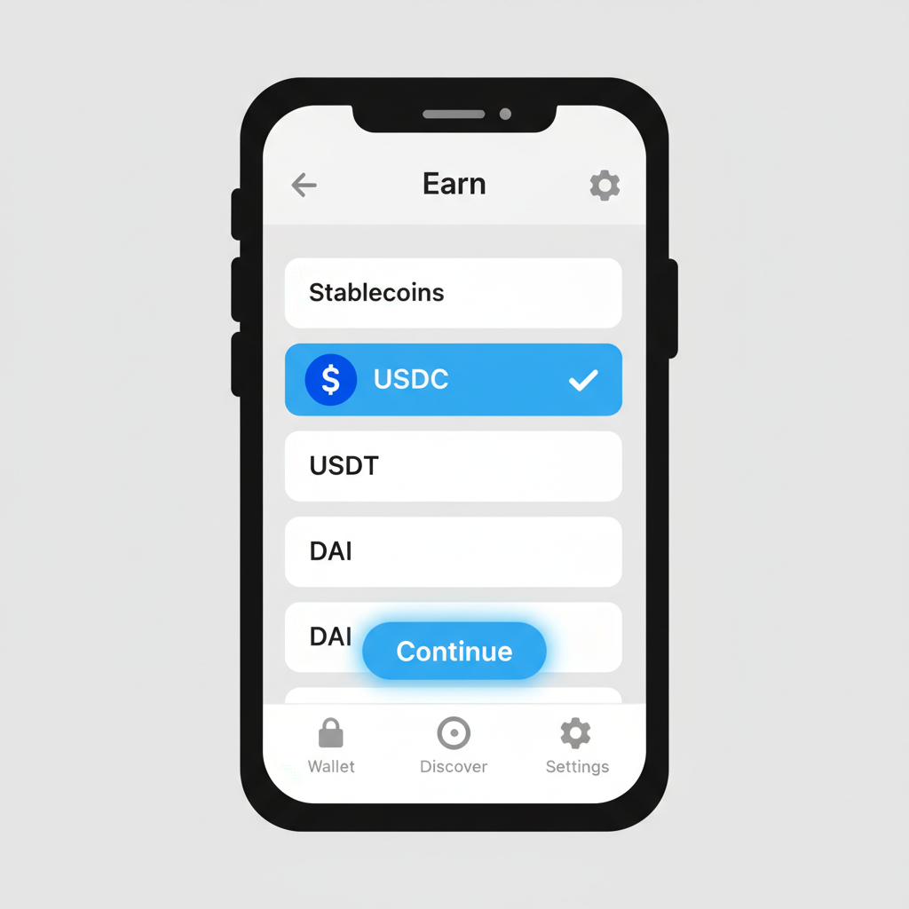 Trust Wallet Stablecoin Earn screen listing USDC selected