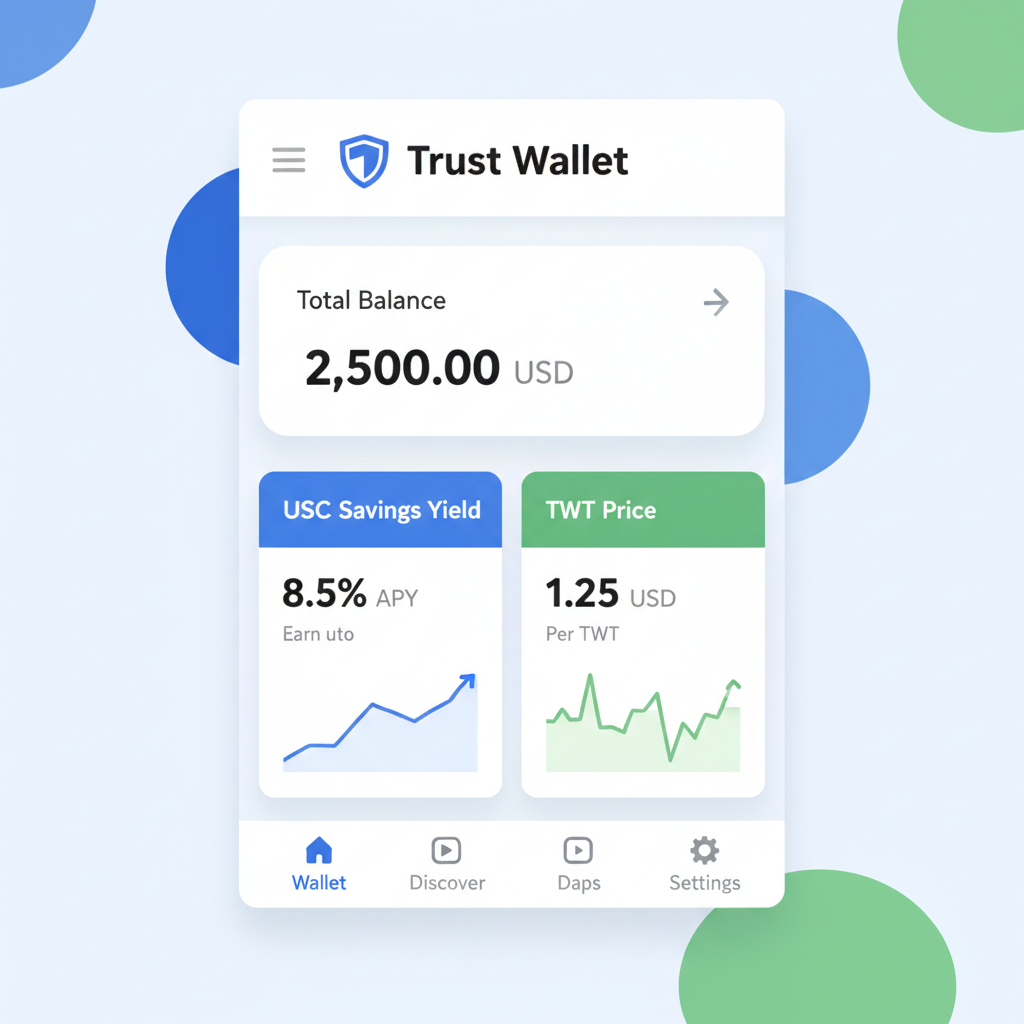 Trust Wallet dashboard showing USDC yields and TWT price