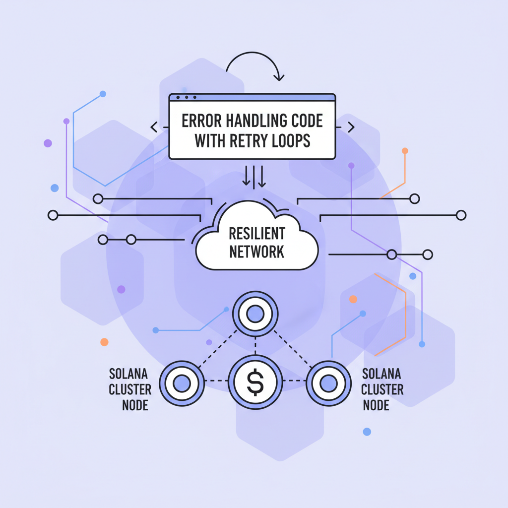 Error handling code with retry loops, resilient network diagram, Solana cluster background