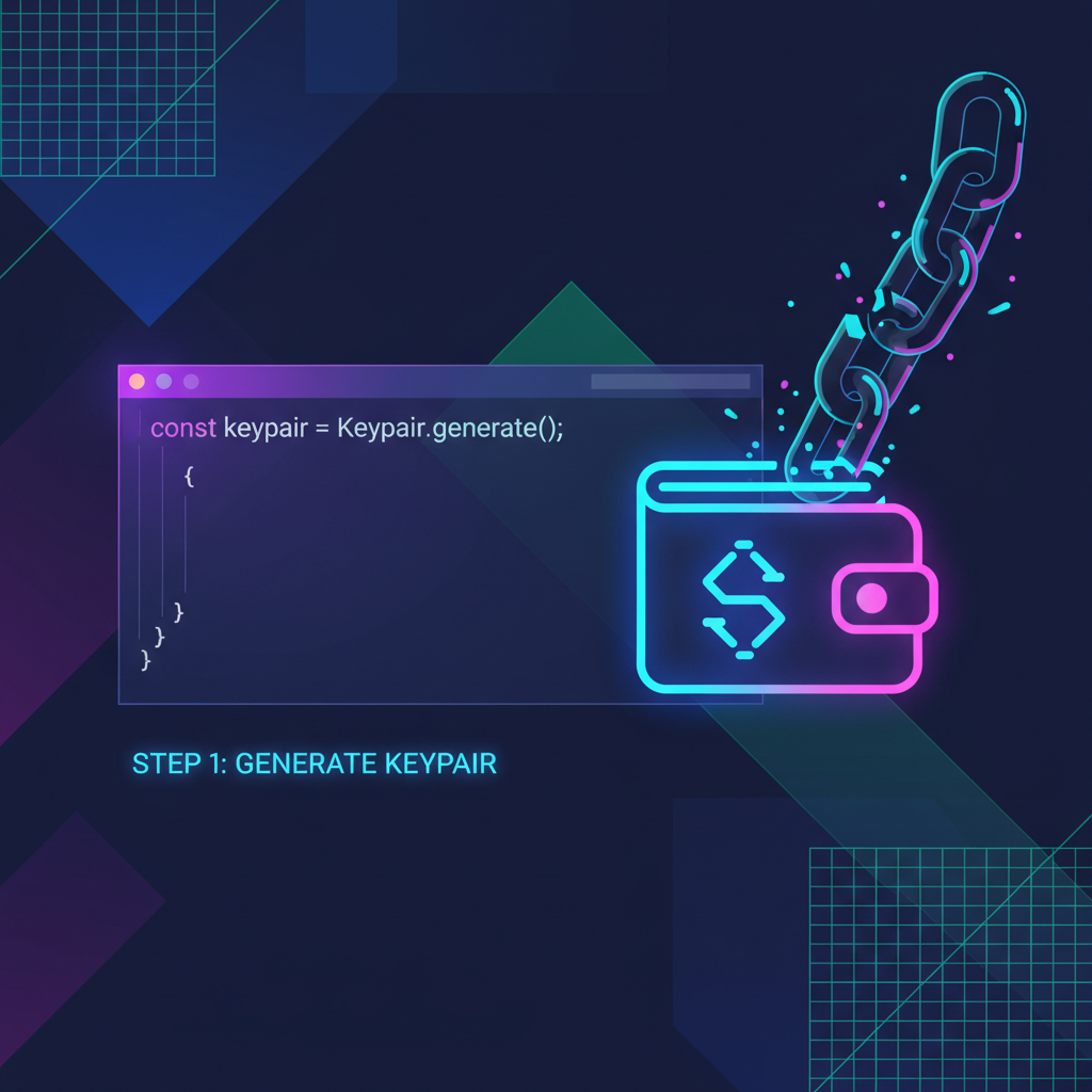 Solana keypair generation in code editor, wallet icon unlocking chain links, cyberpunk style