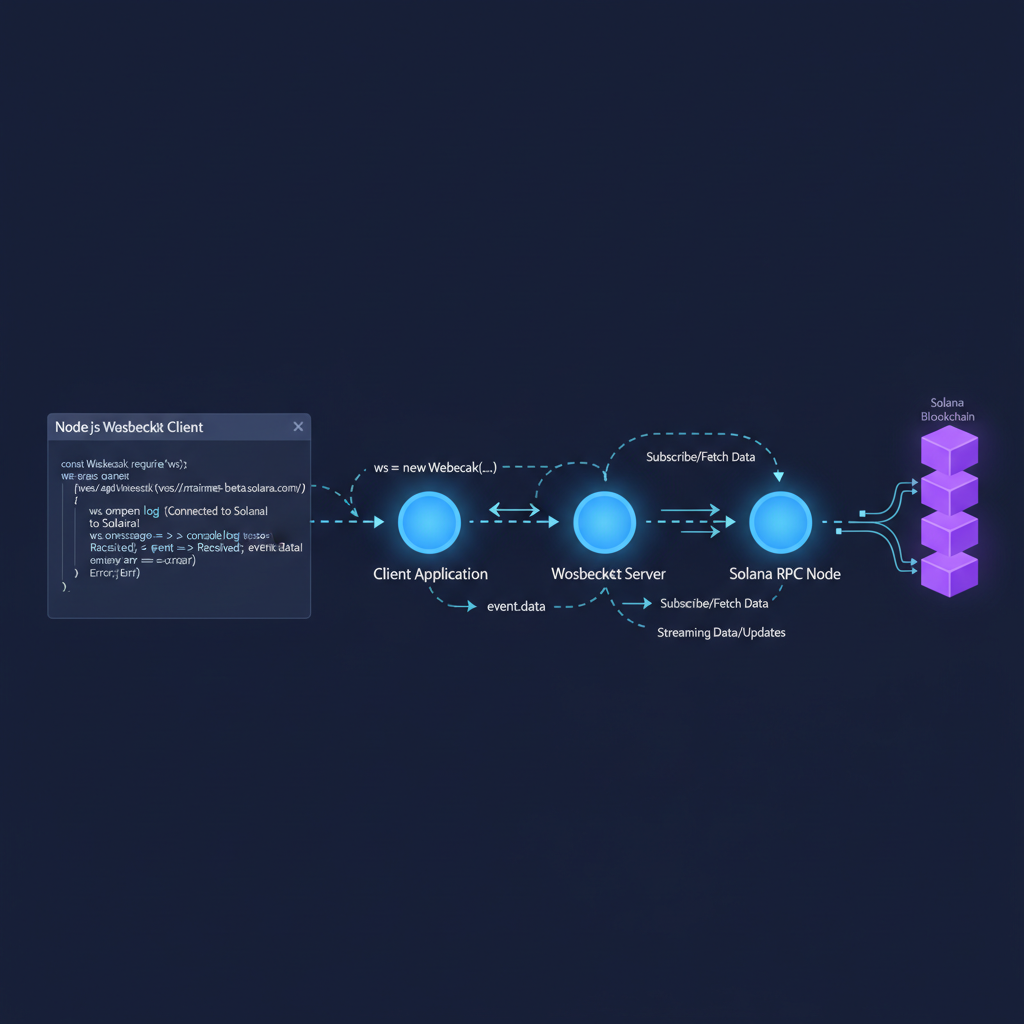 Solana WebSocket connection diagram, Node.js code snippet, glowing network nodes linking to blockchain