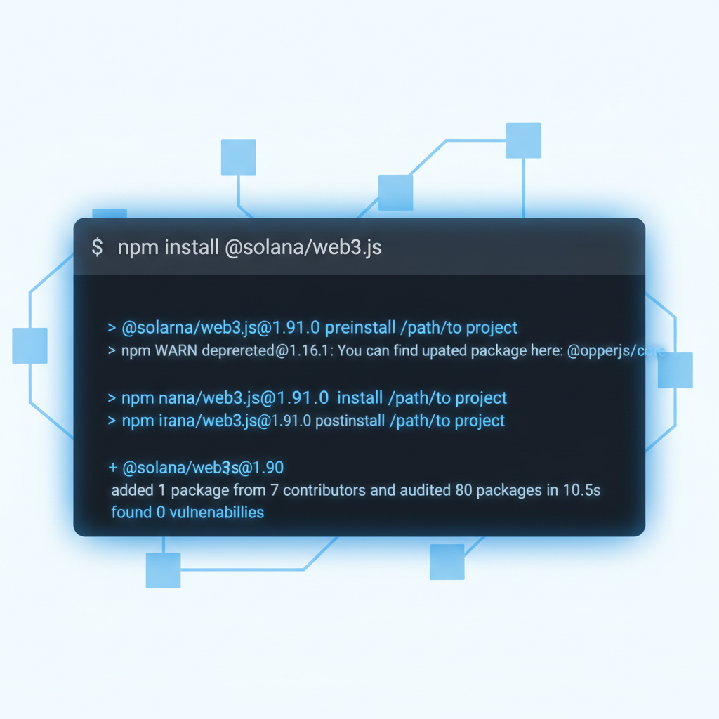 terminal window installing npm package for Solana SDK, code lines glowing blue, blockchain nodes background