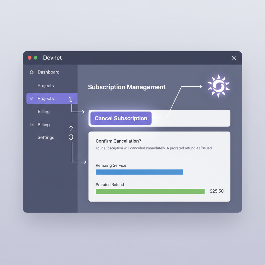 Devnet dashboard testing subscription cancel, graphs showing proration refund, Solana logo pulsing