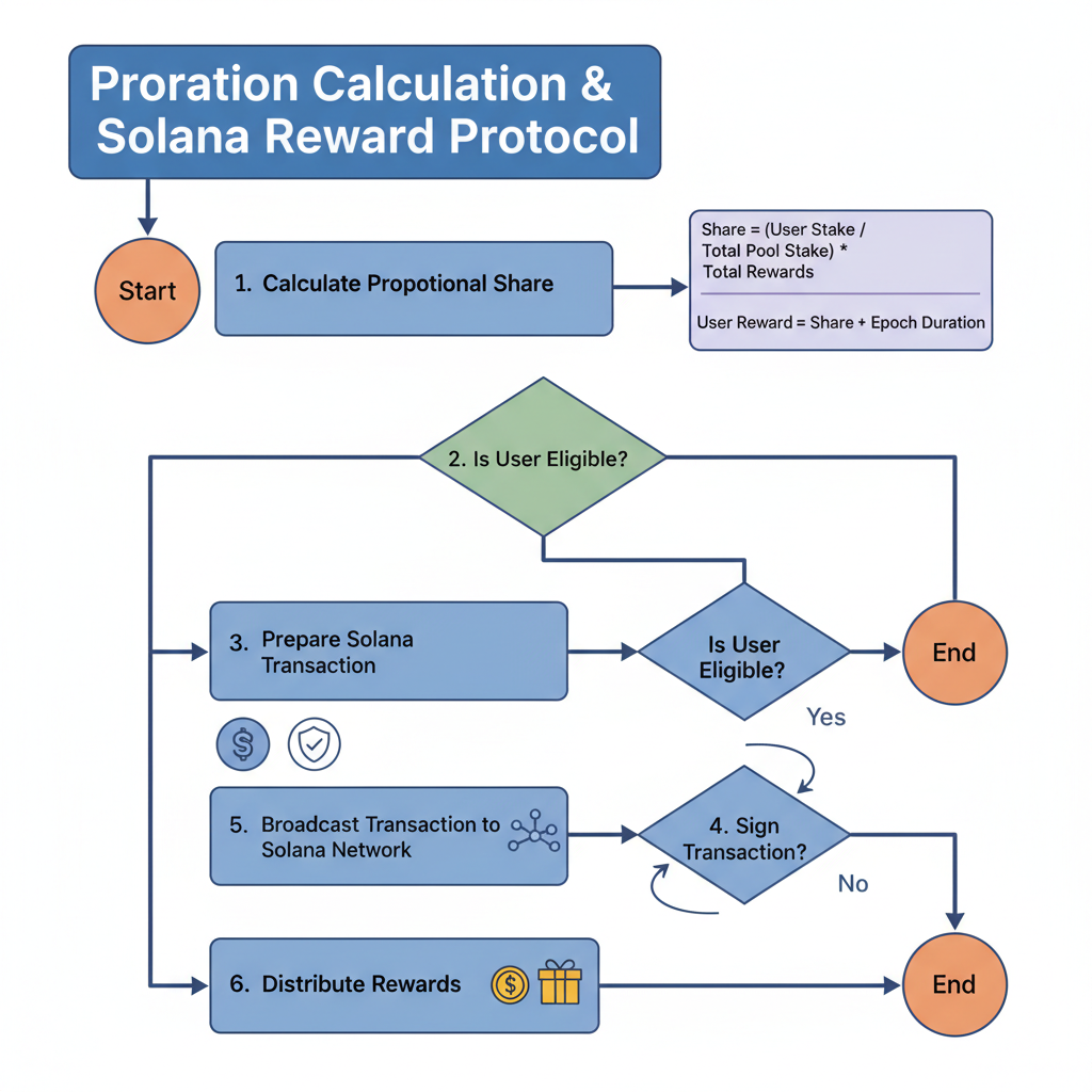 Proration calculation flowchart, math equations, Solana transaction signing, reward protocol icons