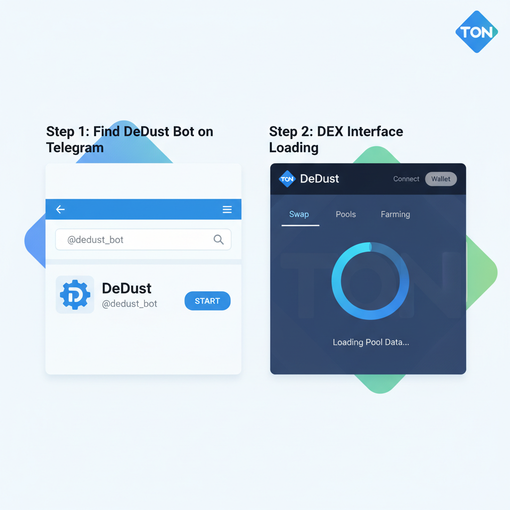 Telegram search for DeDust bot, DEX interface loading, TON blockchain theme