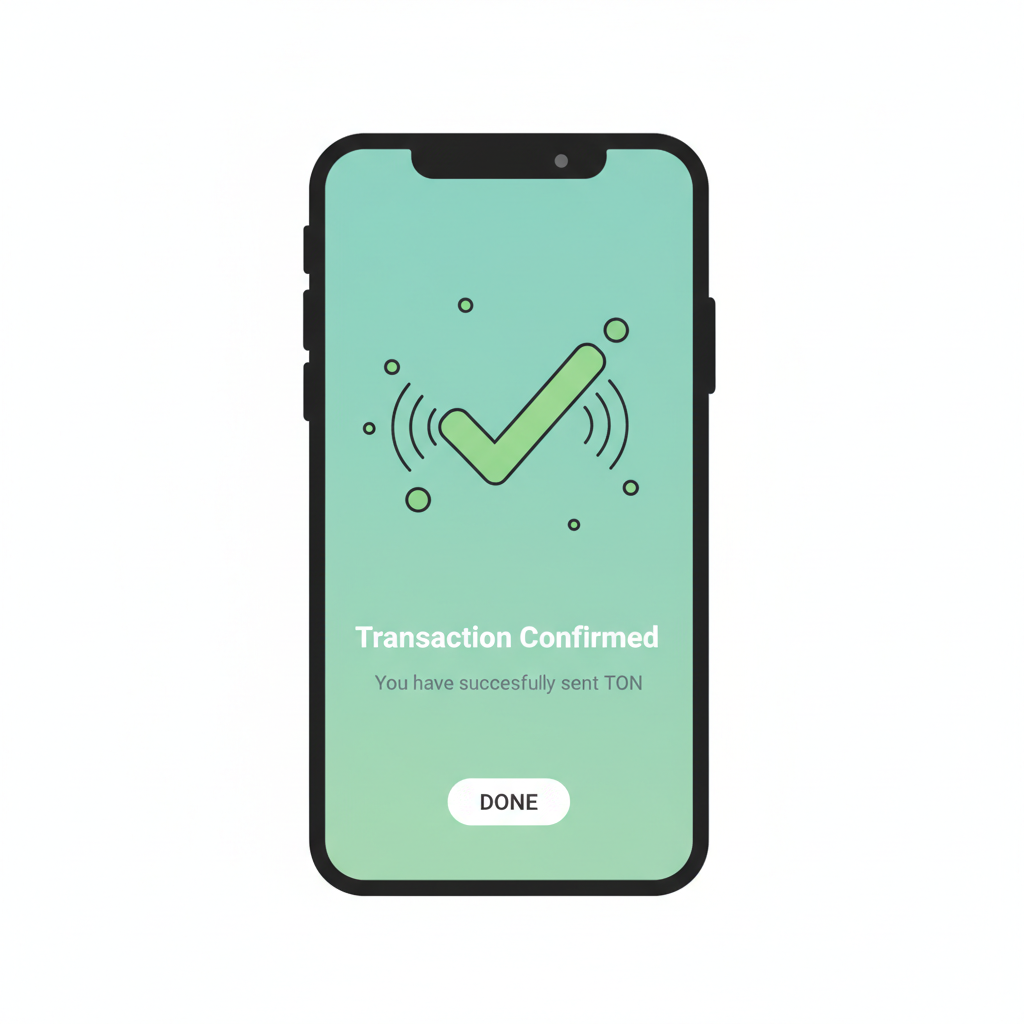 Transaction confirmation in TON Wallet, success animation, green checkmark