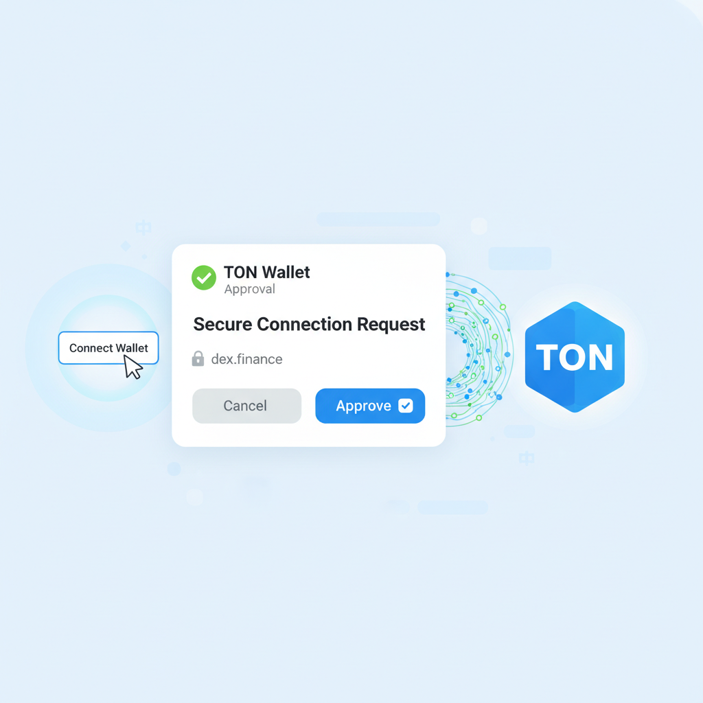 DEX connect wallet button clicked, TON Wallet approval popup, secure connection visual