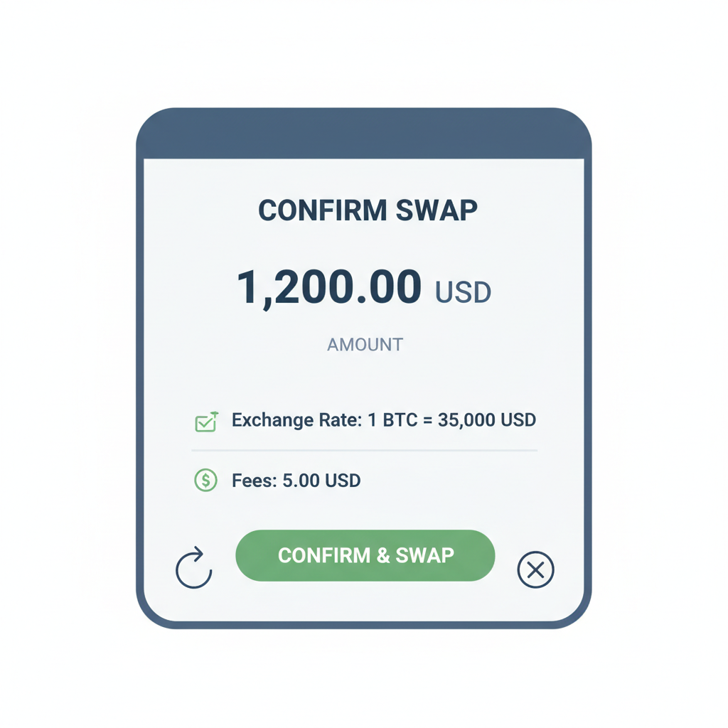 swap confirmation with amount, rate, fees displayed