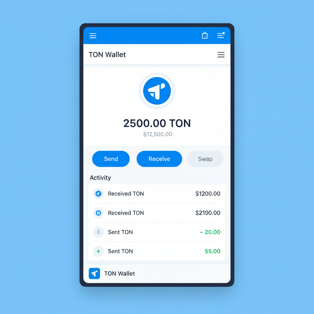 Telegram app open to TON Wallet interface, modern crypto wallet screen, clean UI
