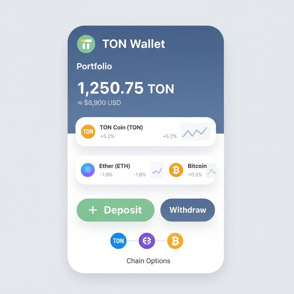 TON Wallet portfolio screen with deposit button and chain options
