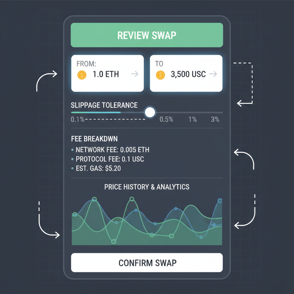 DEX review screen showing slippage slider, fee breakdown, analytical charts