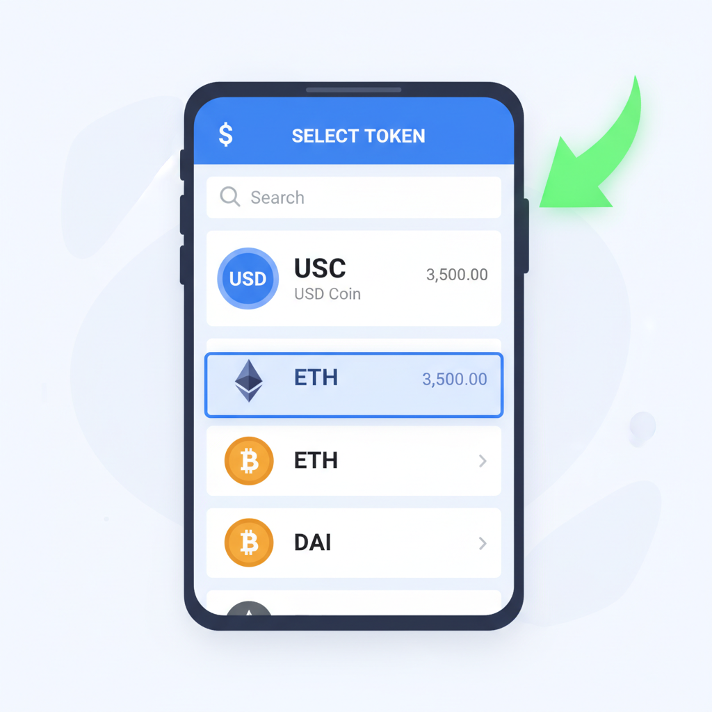 swap screen selecting USDC token from list