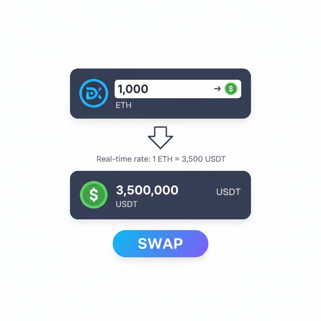 DEX swap with USDT output selected, amount input field, real-time rate display