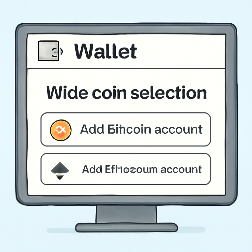 A computer screen showing the wallet app with options to add Bitcoin and Ethereum accounts, highlighting the wide coin selection.