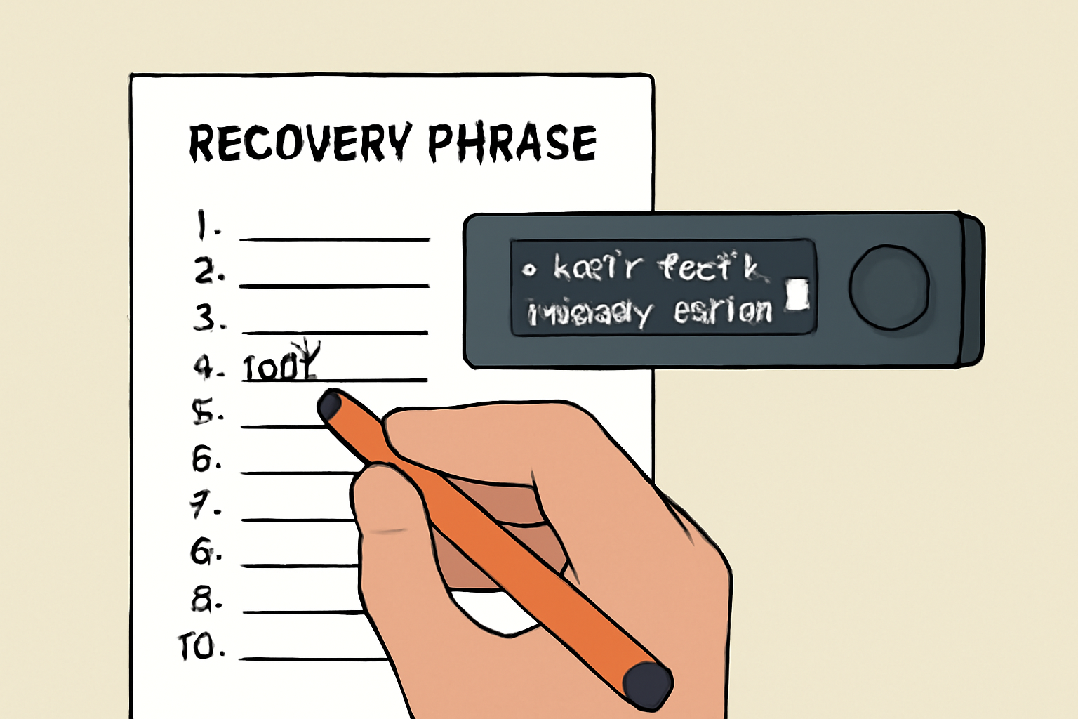 A hand writing a recovery phrase on a sheet, with the hardware wallet displaying the phrase and a lock symbol for security.