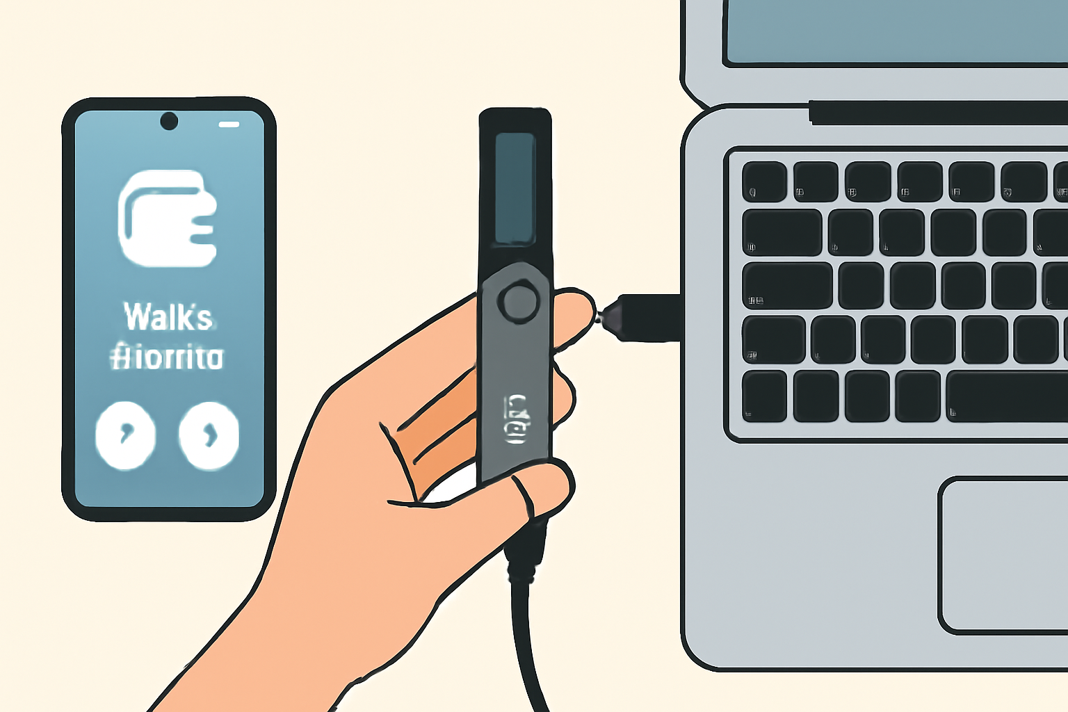 A hand connecting a Ledger Nano X or Trezor Safe 3 to a laptop via USB, with a phone nearby showing a wallet app.