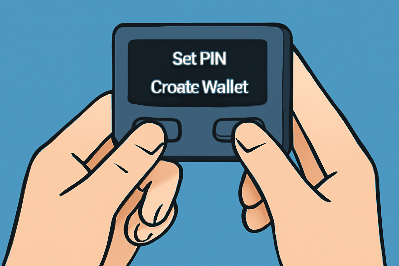 A close-up of hands pressing buttons on a hardware wallet, with a screen displaying 'Set PIN' and 'Create Wallet'.