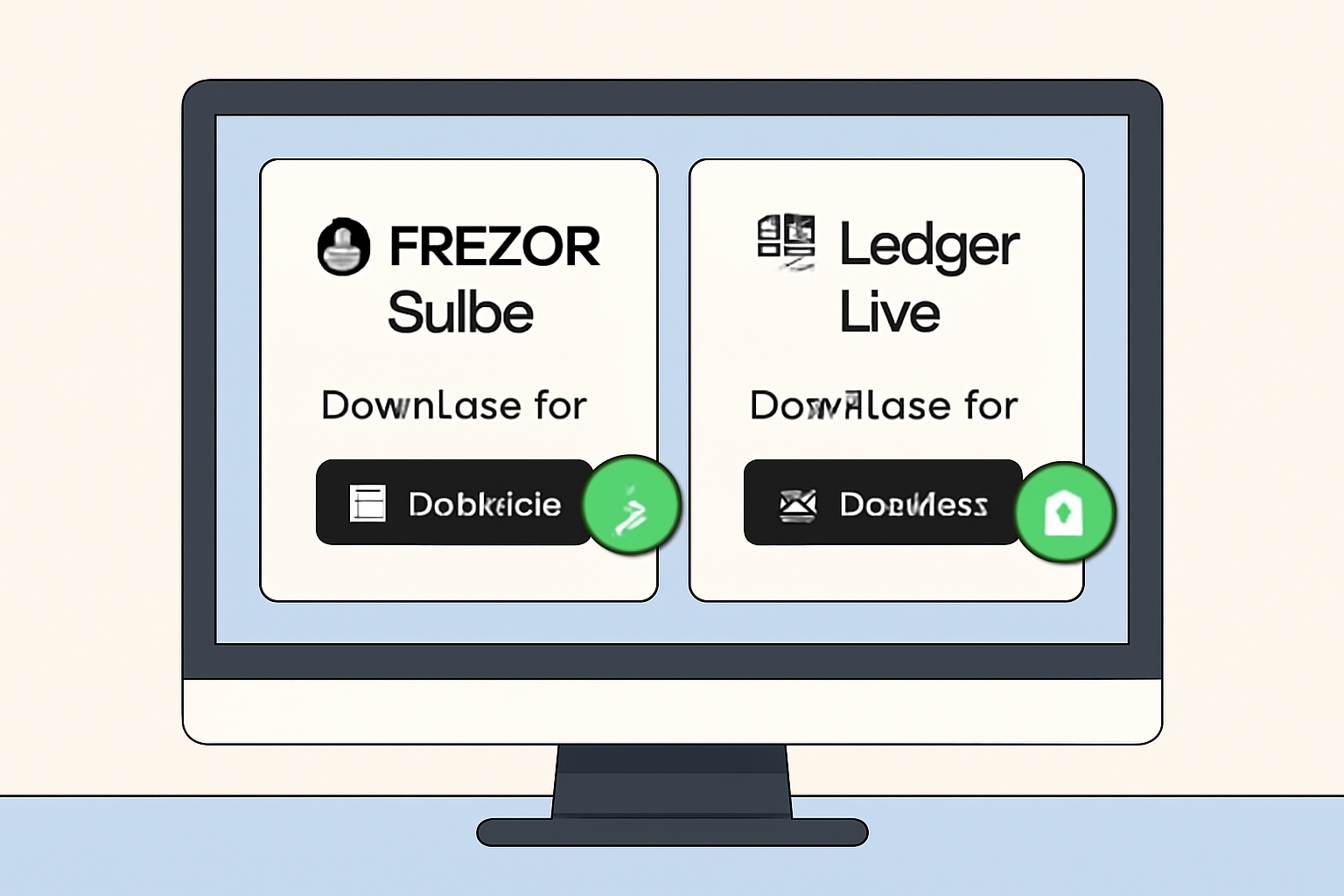 A computer screen displaying the Trezor Suite and Ledger Live download pages, with security icons highlighting authenticity.