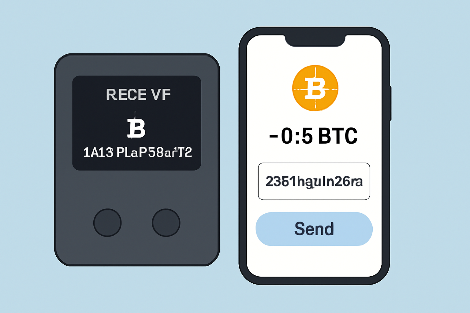 A hardware wallet screen showing a Bitcoin receiving address, with a phone displaying a crypto transaction being sent.