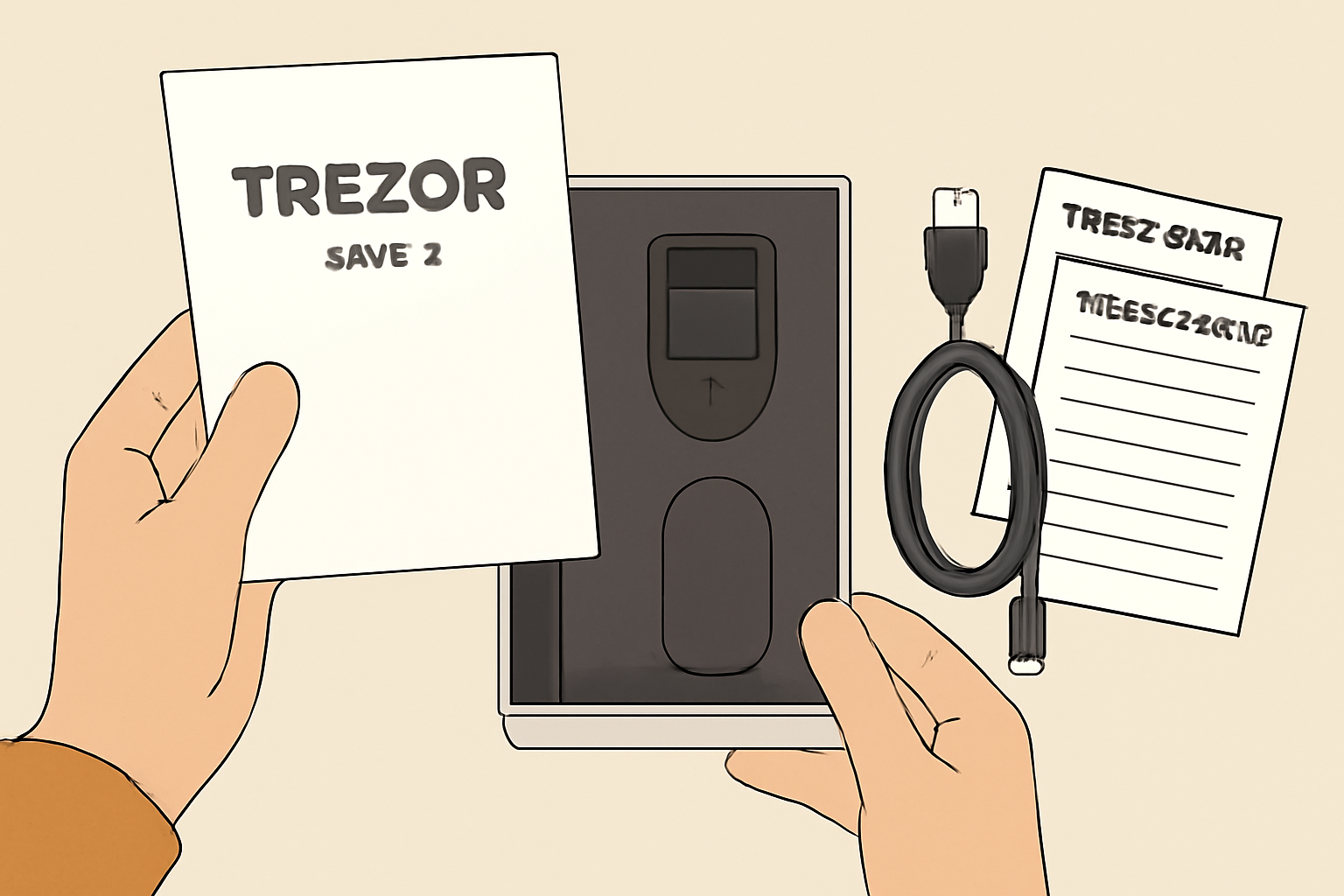 A person opening a Trezor Safe 3 or Ledger Nano X box, showing the wallet, USB cable, and recovery sheets neatly arranged on a table.