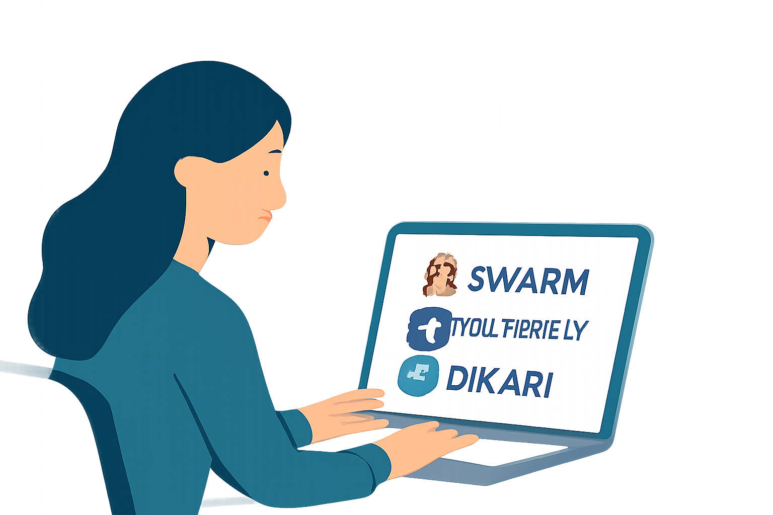 A user comparing different decentralized platforms on a laptop, showing logos of Swarm, Synthetix, and Dinari, with a futuristic DeFi dashboard in the background.