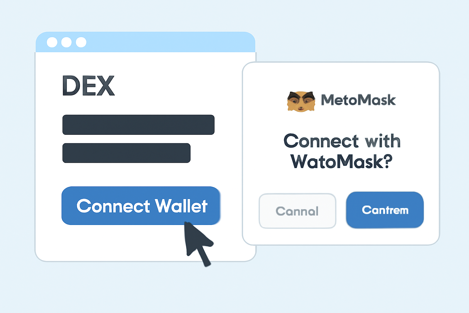 A user clicking 'Connect Wallet' on a DEX website, with a confirmation pop-up from MetaMask.