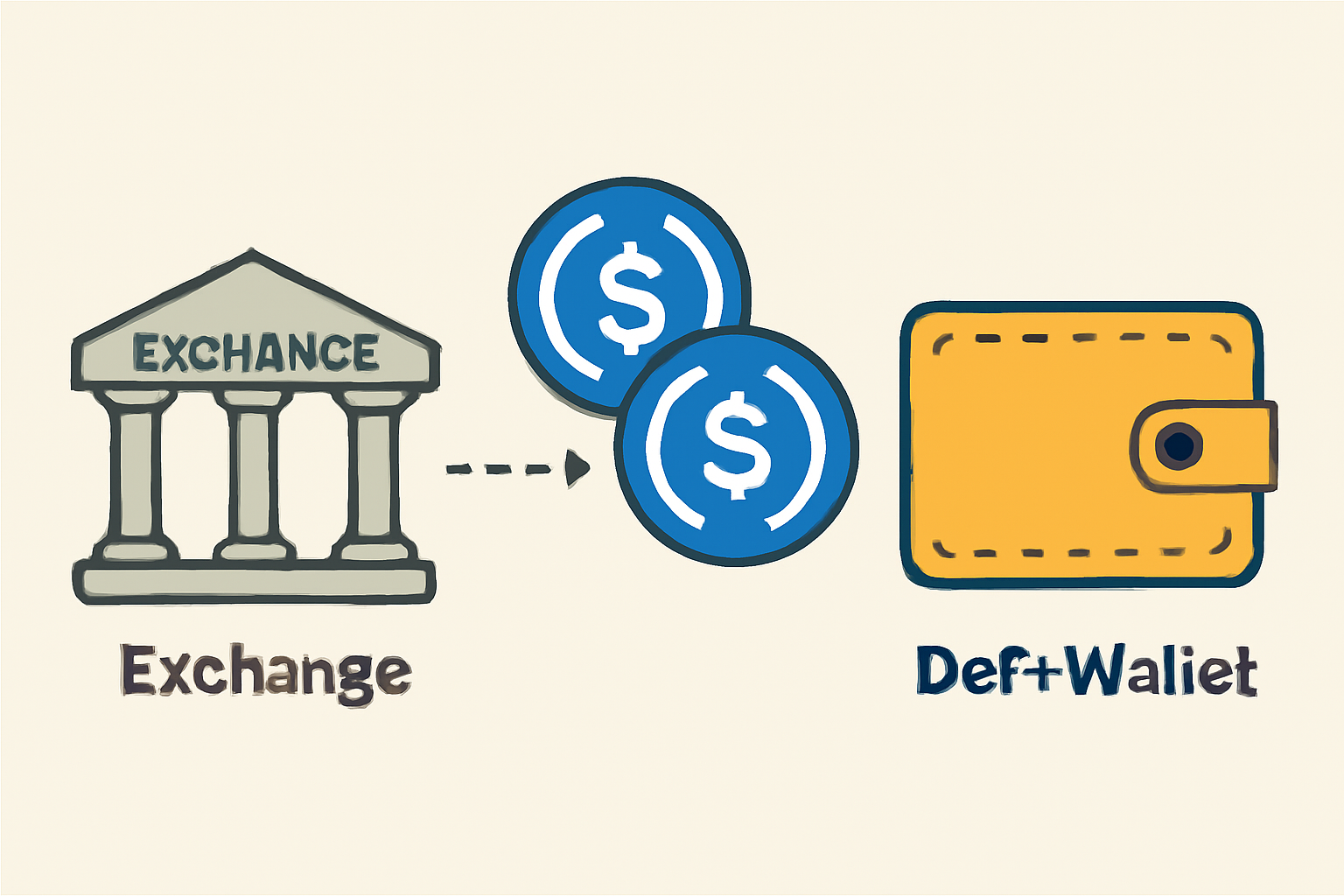 A digital wallet receiving USDC coins, with a clear transfer from a centralized exchange to a DeFi wallet.