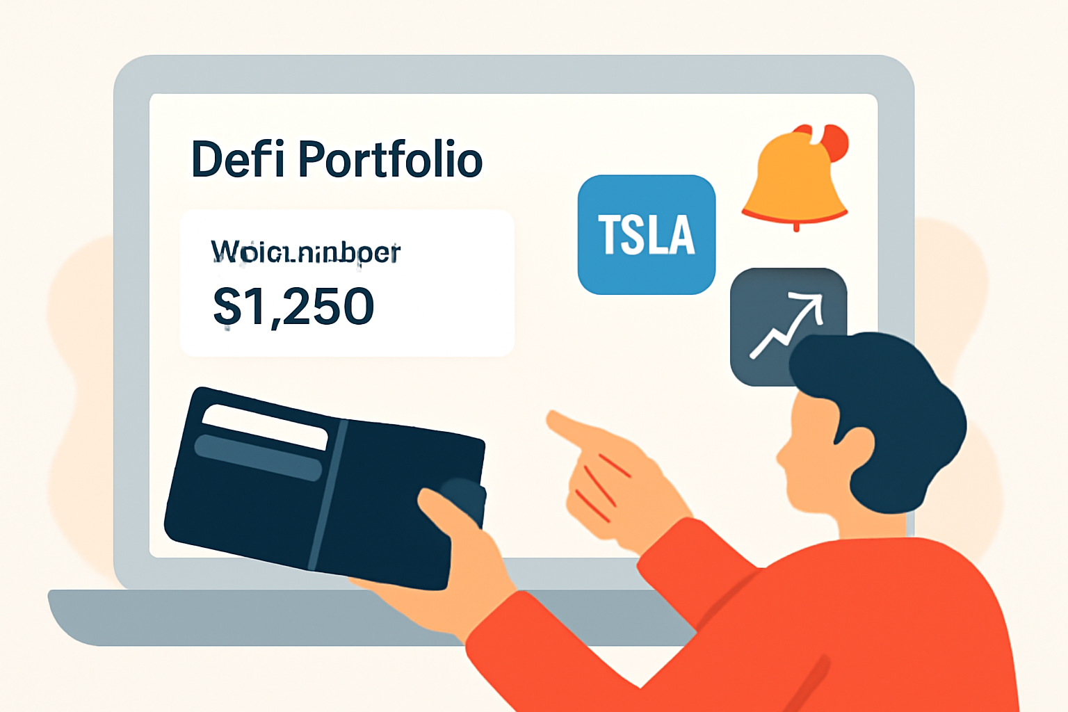 A user checking their wallet balance, with synthetic stock tokens and a notification bell for updates, on a modern DeFi portfolio dashboard.
