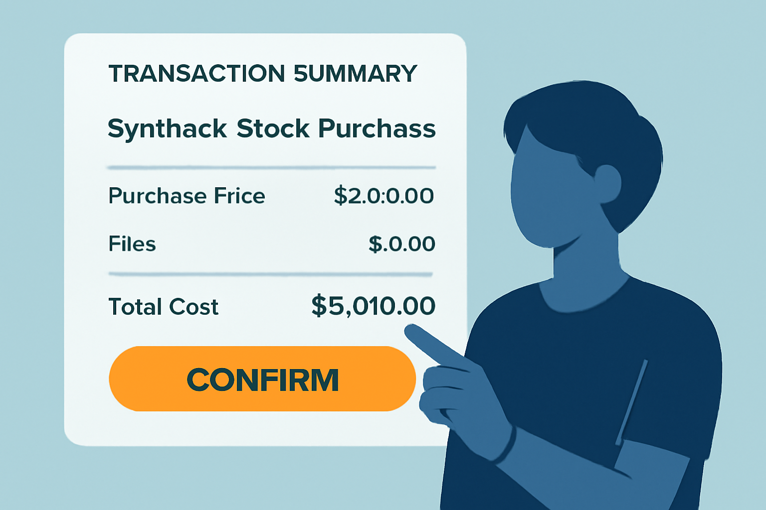 A user confirming a synthetic stock purchase, showing a transaction summary with fees and a 'Confirm' button.