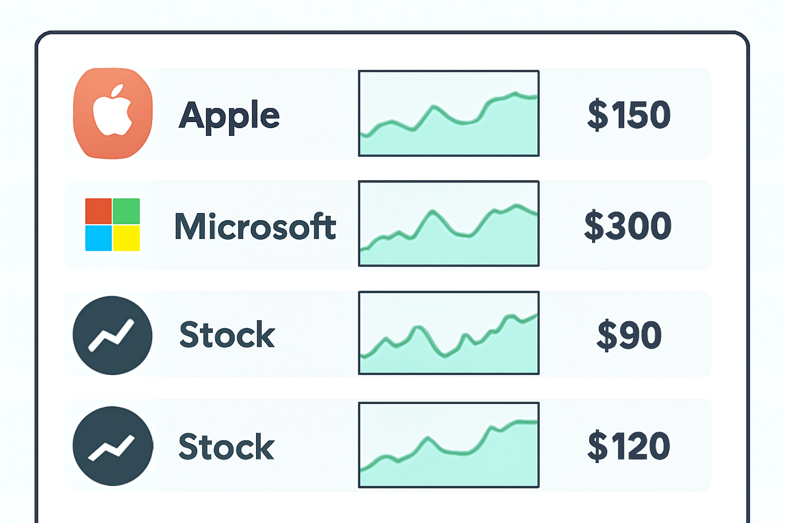 A digital dashboard displaying a list of synthetic stocks with price charts and stock logos, highlighting Apple and Microsoft.