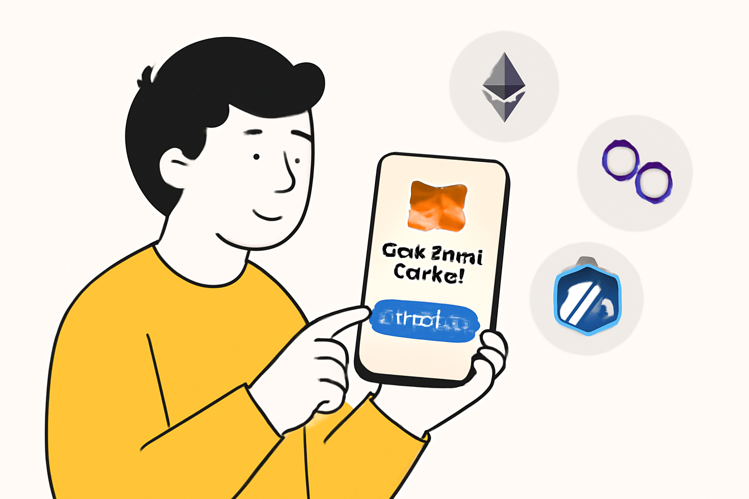 A person setting up a MetaMask wallet on their phone, with icons for Ethereum, Polygon, and Arbitrum networks visible.