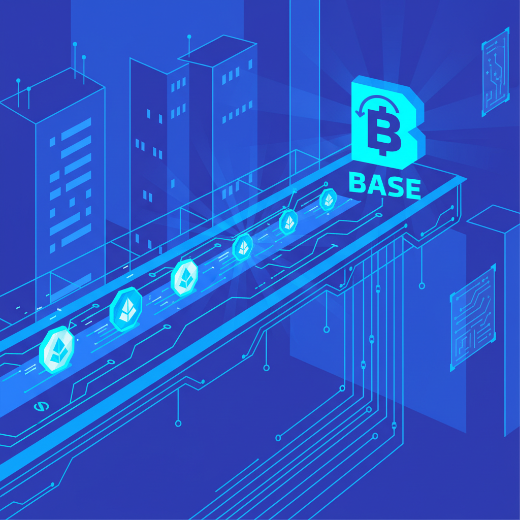 futuristic bridge glowing with crypto tokens flowing to Base chain, neon blue, cyberpunk style