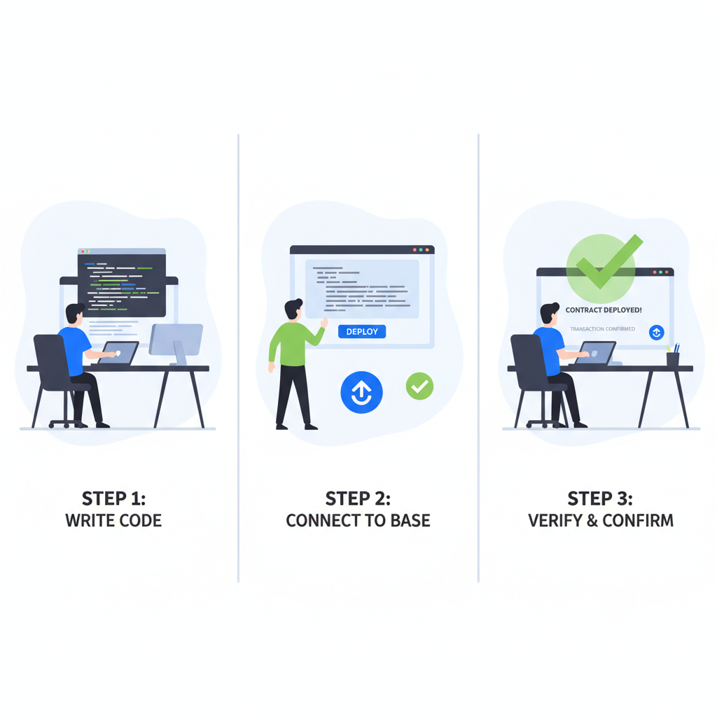 developer deploying smart contracts on Base blockchain, code screens and green checkmarks, tech workspace
