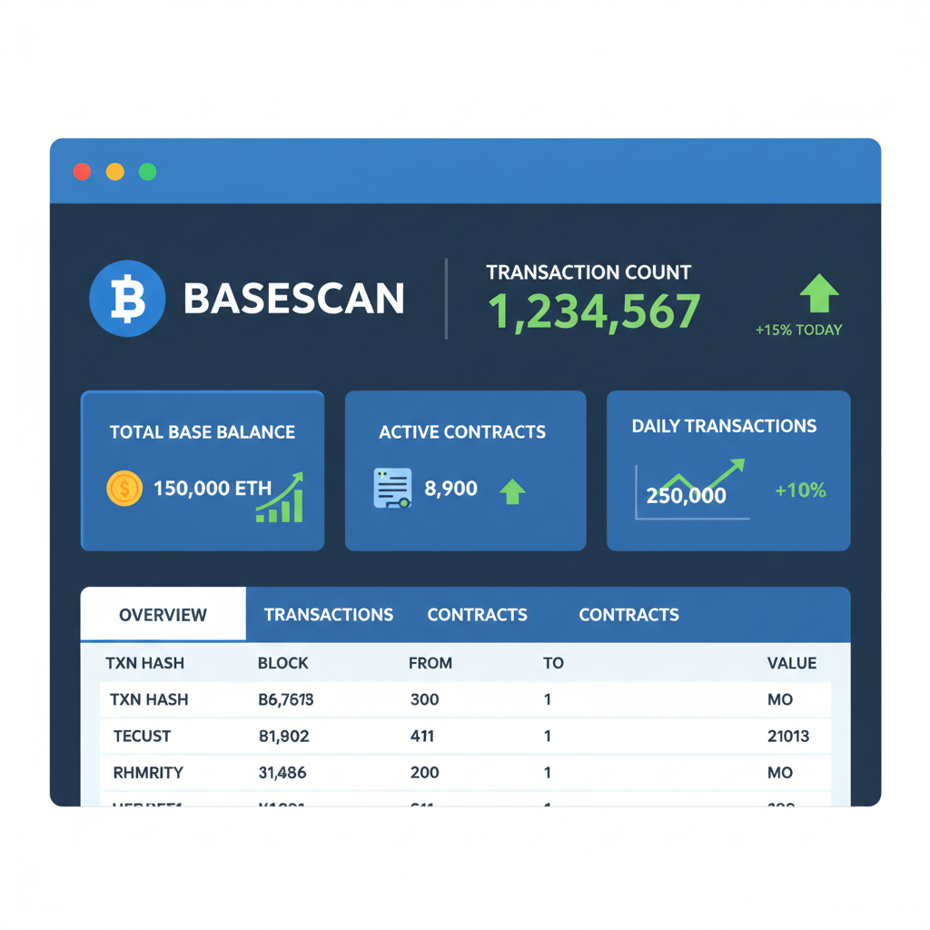 dashboard on Basescan showing high txn count, balances, contracts, green metrics rising