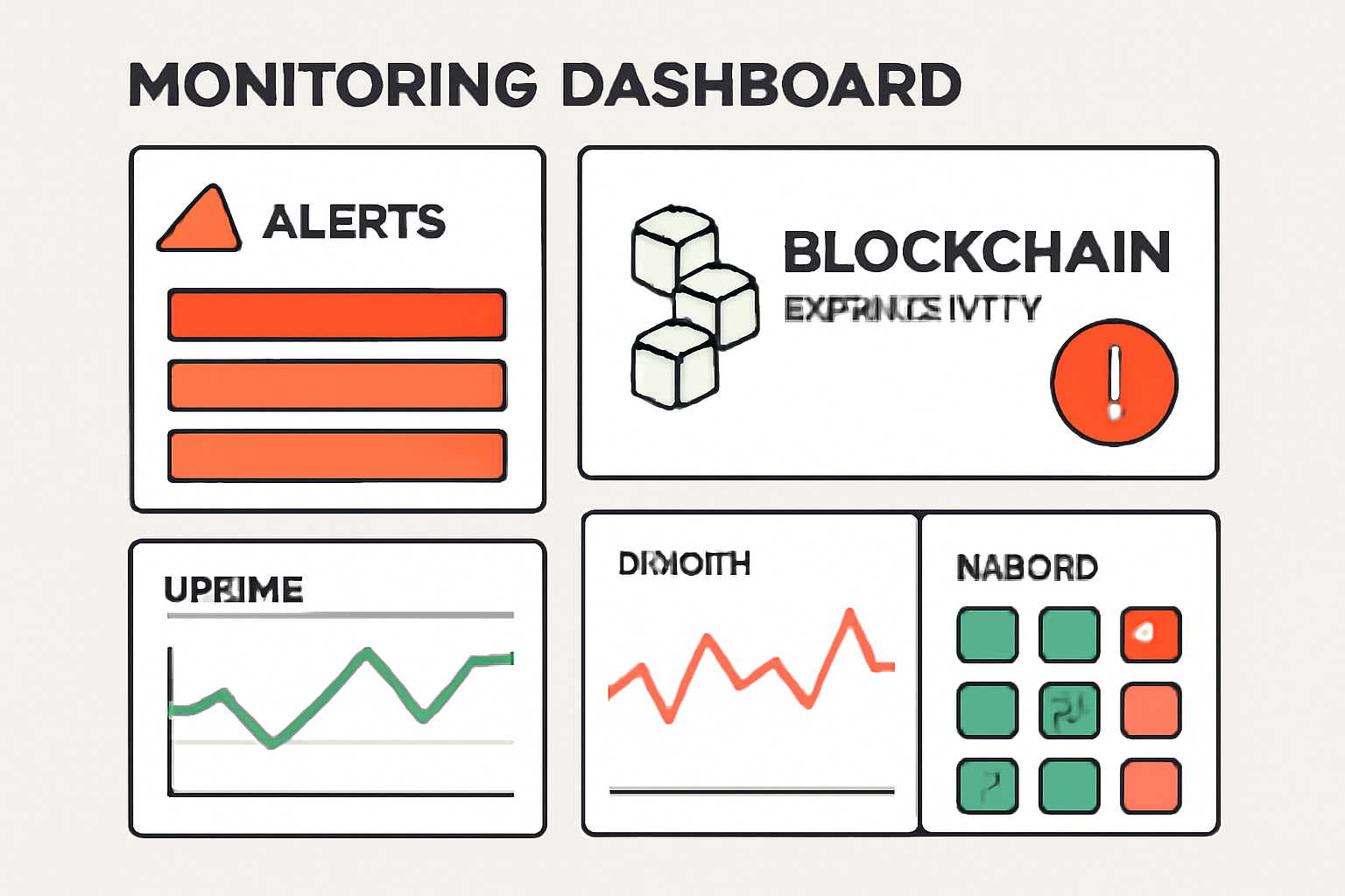 A monitoring dashboard with alerts and graphs, focused on blockchain connectivity and uptime