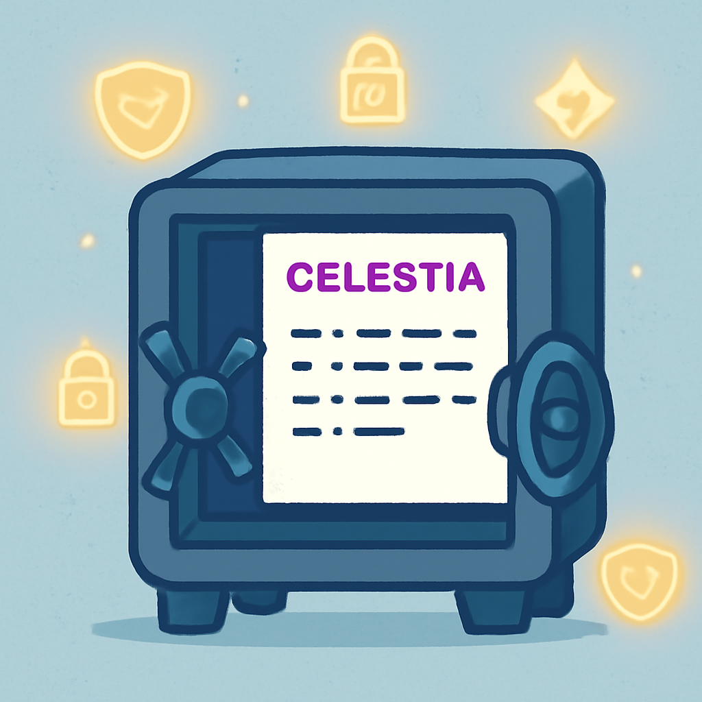 A secure digital vault with API keys and tokens labeled 'Celestia', glowing with security symbols