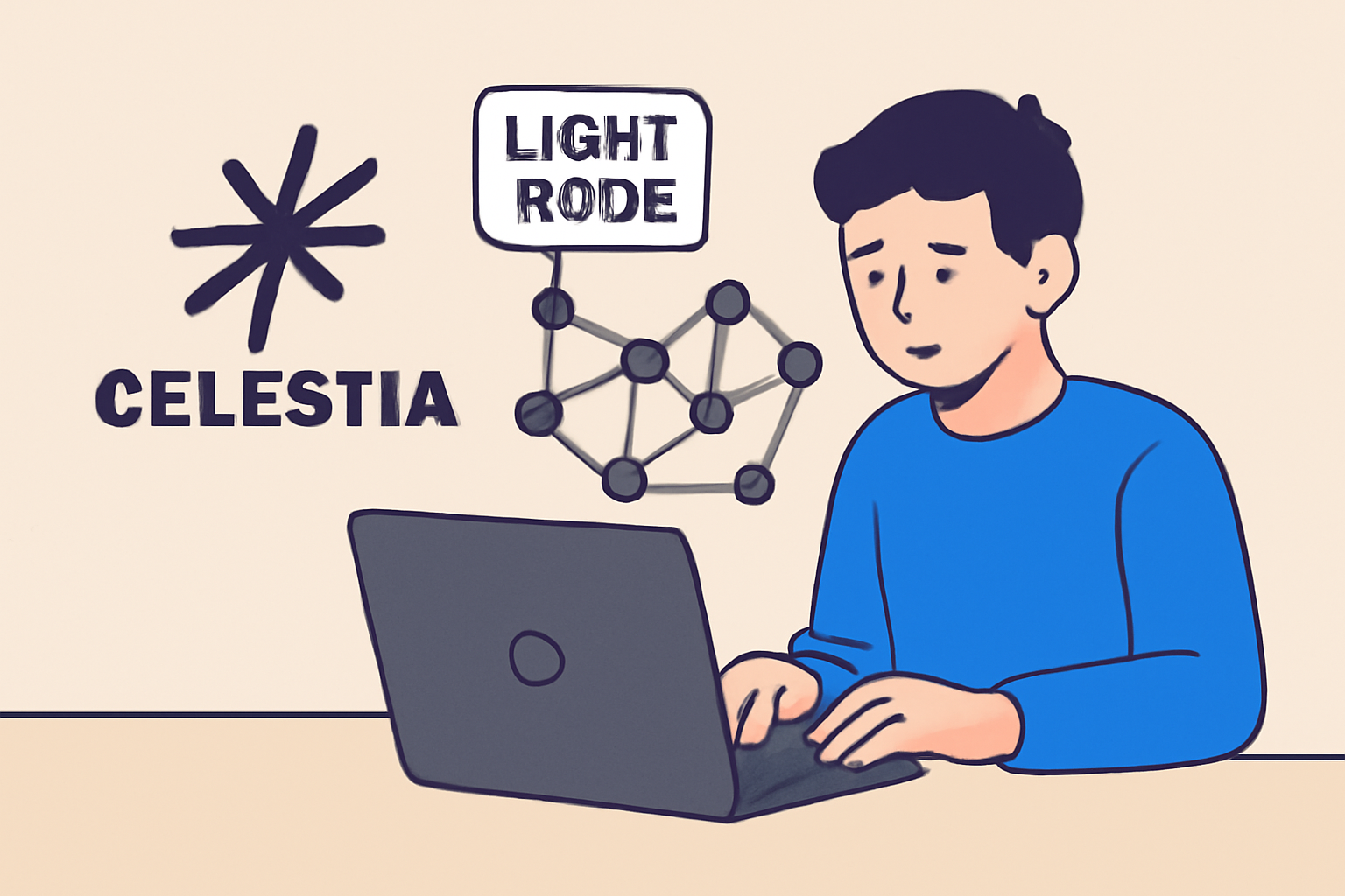A developer setting up a blockchain light node on a laptop, with Celestia logo and network diagrams in the background