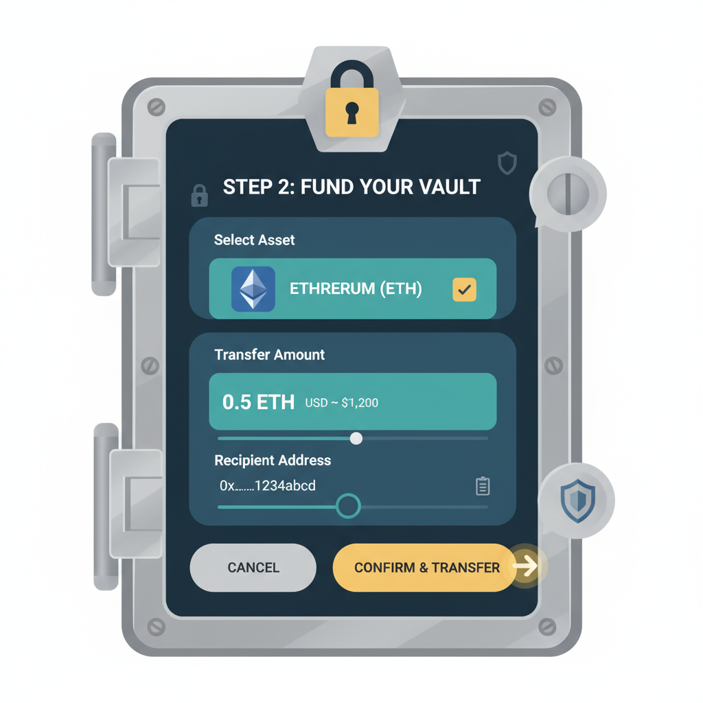 crypto wallet funding interface with ETH transfer, secure vault aesthetic
