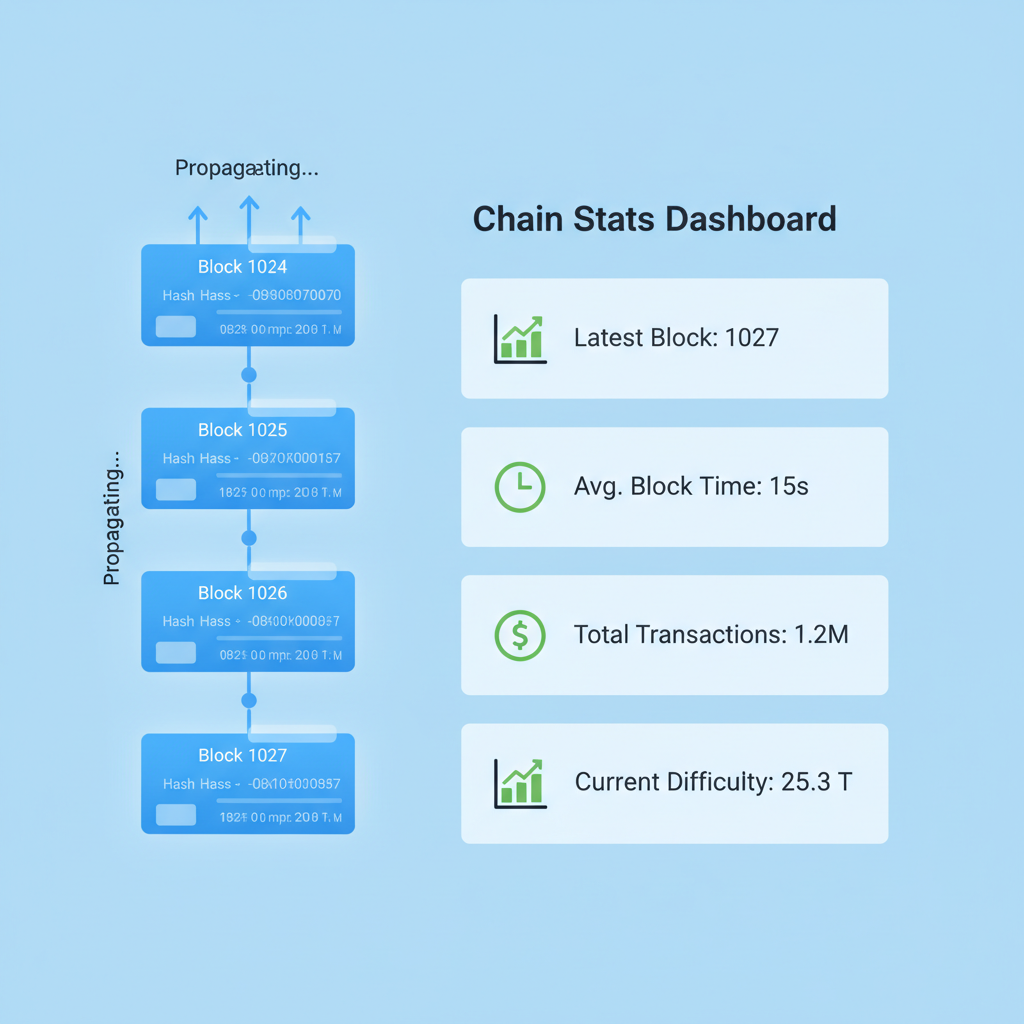 blockchain explorer showing propagating blocks, chain stats dashboard