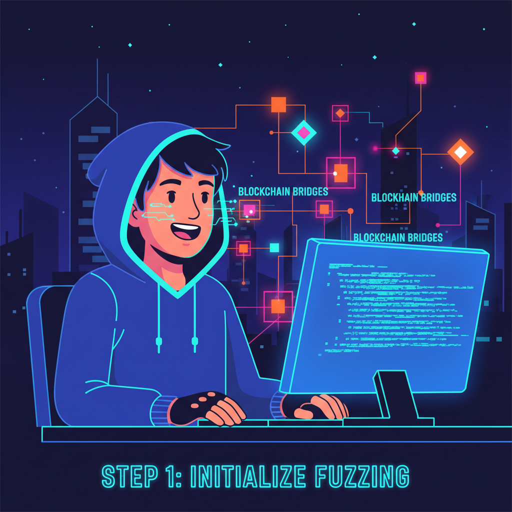cyber hacker at computer screen with fuzzing code, blockchain bridges glowing, neon cyberpunk style, enthusiastic vibe