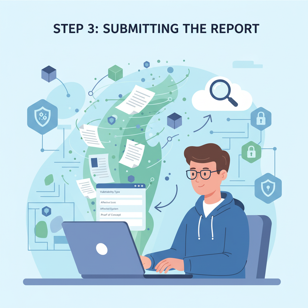 security researcher submitting bug report on laptop, documents flying, professional office with blockchain icons