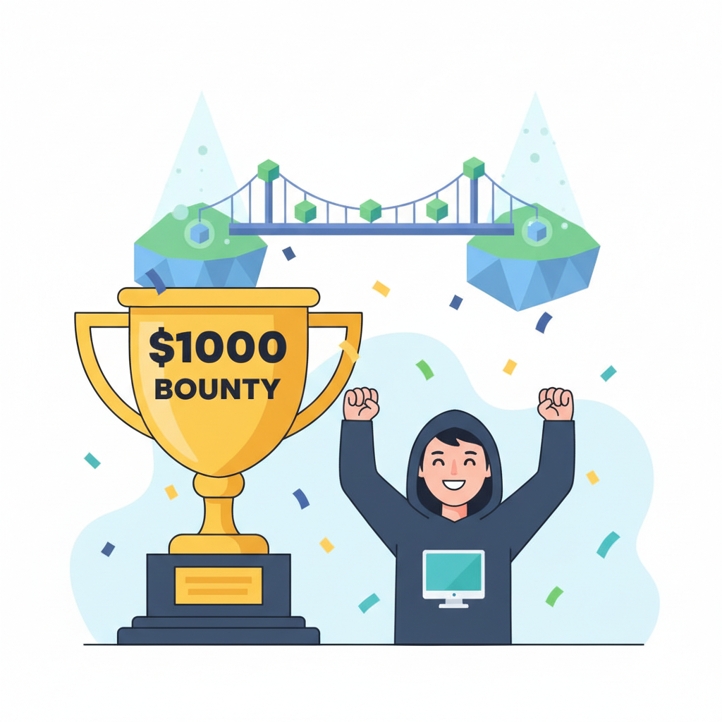 trophy award with $1000 bounty, hacker celebrating with confetti, blockchain bridge in background, triumphant mood