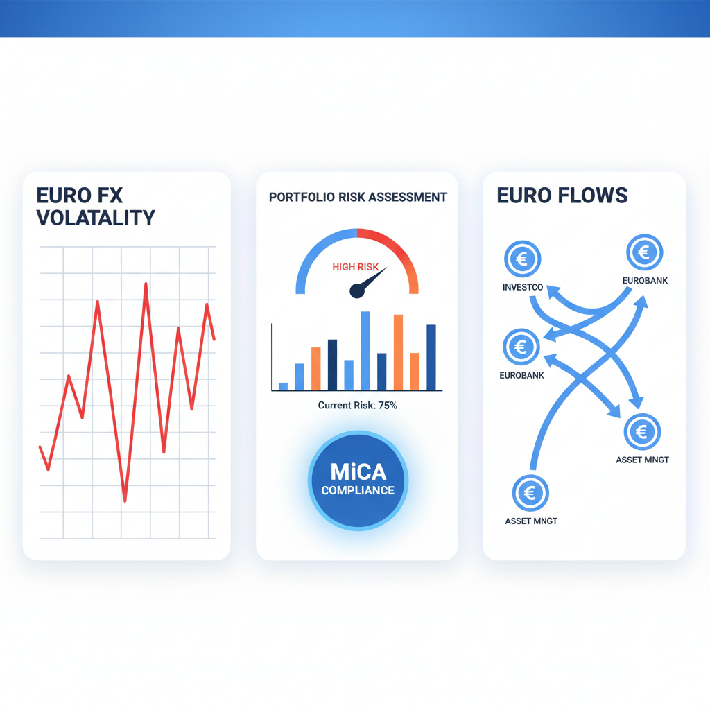 Euro FX volatility chart with red spiking lines, portfolio risk assessment dashboard, MiCA compliance badge glowing blue, dynamic euro flows arrows, motivational bold style